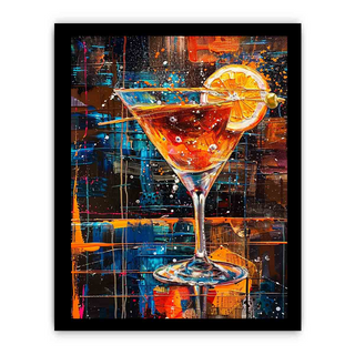 Framed artwork of a cocktail with an orange slice against a colorful abstract background