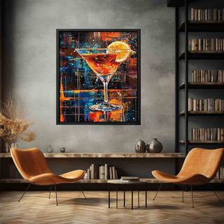 Abstract painting of a cocktail in a modern living room setting with two orange chairs.