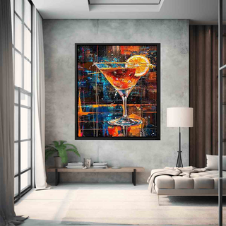 Modern living room with a colorful painting of a cocktail on the wall.