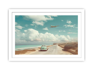 Vintage car on a coastal road with an airplane flying overhead under a blue sky with clouds.