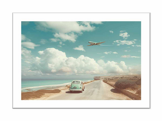 Vintage car on a coastal road with an airplane flying overhead under a blue sky with clouds.