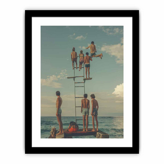 Framed artwork of a group of people on a diving board over water with a black frame.