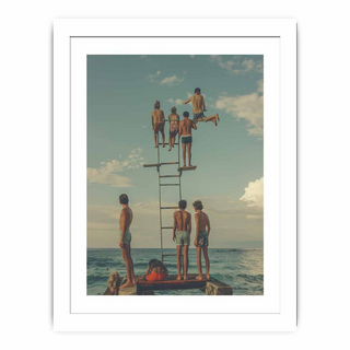 Framed artwork of a group of people on a diving board by the ocean.