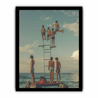 Framed artwork of a group of people on a diving board over water.
