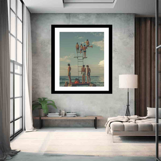 Framed artwork of lifeguards on a beach in a modern living room.