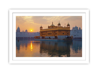 Golden Temple with sunset reflection in water, framed picture