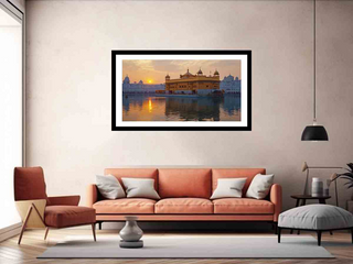 Living room with a framed picture of a temple on the wall above an orange sofa.
