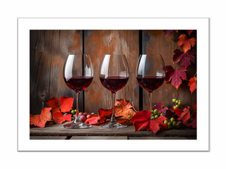 Three wine glasses with red wine on a wooden surface with autumn leaves and berries.