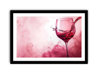 Framed artwork of a red wine glass with pink liquid on a pink background