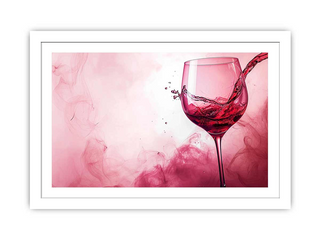 Framed artwork of a wine glass with red liquid against a pink watercolor background