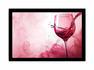 Framed artwork of a red wine glass with splashes on a pink background