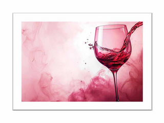 Artistic depiction of a wine glass with red liquid on a pink background