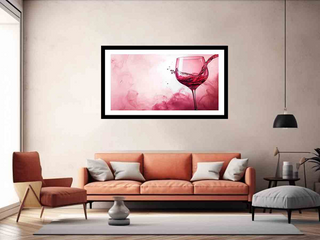 Framed artwork of a pink wine glass on a wall above an orange sofa in a living room.