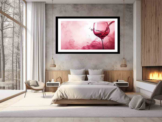 Modern bedroom with a framed artwork of a pink wine glass on the wall.