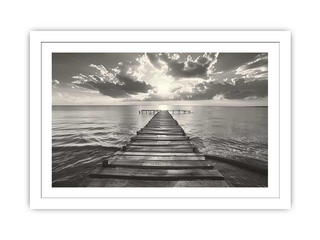 Wooden pier extending into the water with a dramatic sky, framed in white.