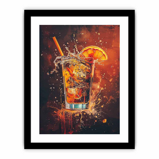 Framed artwork of a cocktail with ice and an orange slice on a dark background