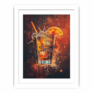 Framed artwork of a cocktail with ice and an orange slice on a dark background