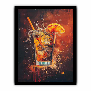 Framed artwork of a cocktail with an orange slice and straw on a dark background