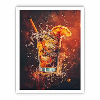 Framed artwork of a cocktail with ice, orange slice, and straw against a dark background