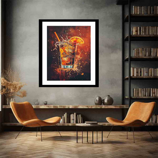 Framed artwork of a cocktail on a wall in a room with chairs and a bookshelf.
