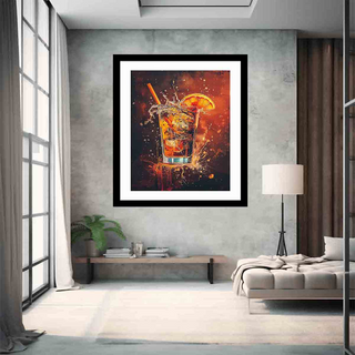 Framed artwork of a cocktail on a wall in a modern living room.