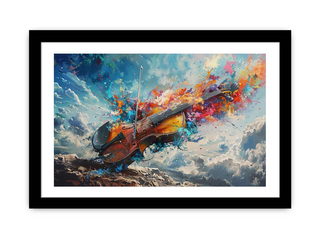 Framed artwork of a violin with colorful abstract elements on a mountainous background