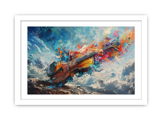 Framed artwork of a violin with colorful abstract elements against a sky background