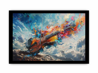 Abstract painting of a violin with colorful splashes against a sky background