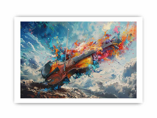 Colorful abstract painting of a violin on a rocky surface with a blue sky background
