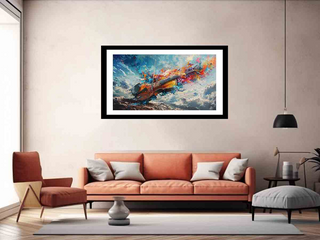 Framed abstract painting of a violin on a wall above a sofa in a living room.