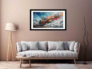 Colorful abstract painting on a wall above a light gray sofa in a living room.