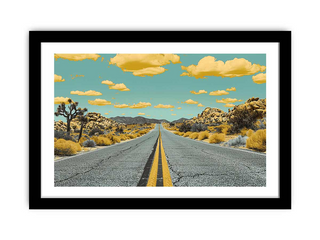 Desert road with Joshua trees and a blue sky with clouds, framed artwork.