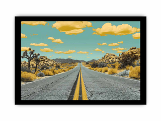 Desert road with Joshua trees and mountains under a blue sky with clouds.