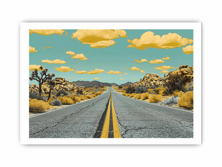 Desert road with Joshua trees and a blue sky with clouds