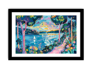 Framed artwork of a colorful landscape with trees, water, and sailboats.