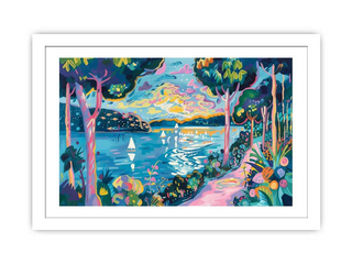Colorful artwork of a lakeside scene with trees and boats.