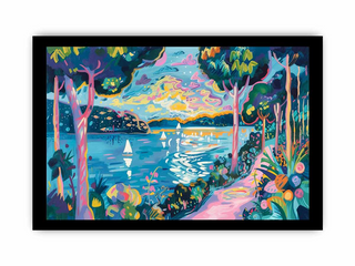 Colorful artwork of a lakeside scene with trees and boats.