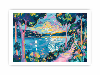 Colorful artwork of a lakeside scene with trees and boats.