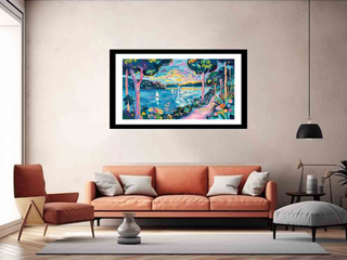 Framed artwork above a sofa in a living room