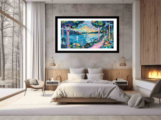 Framed artwork above a bed in a modern bedroom with a fireplace.