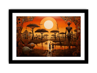 Framed artwork of an African landscape with people, animals, and a large sun.