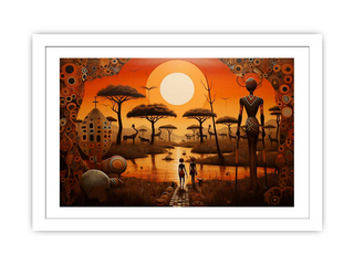 Surreal landscape with people, animals, and abstract elements under a large sun.