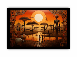 Surreal landscape with people, animals, and a large sun in an artistic frame.