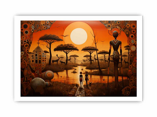 Surreal landscape with people, animals, and a large sun in an orange sky.