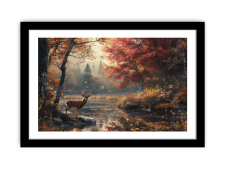 Framed artwork of a deer in a forest with autumn colors
