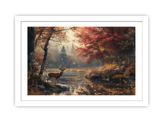 Framed artwork of a deer in a forest with autumn colors