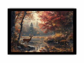 Framed artwork of a deer in a forest with autumn colors