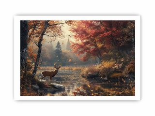 Framed artwork of a deer in a forest with autumn colors