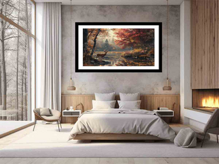 Modern bedroom with a large framed painting of a deer in a forest on the wall.