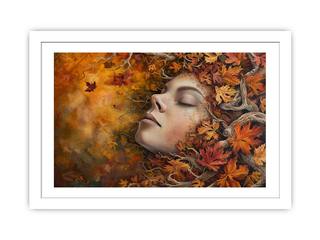 Artistic depiction of a face with autumn leaves in a white frame